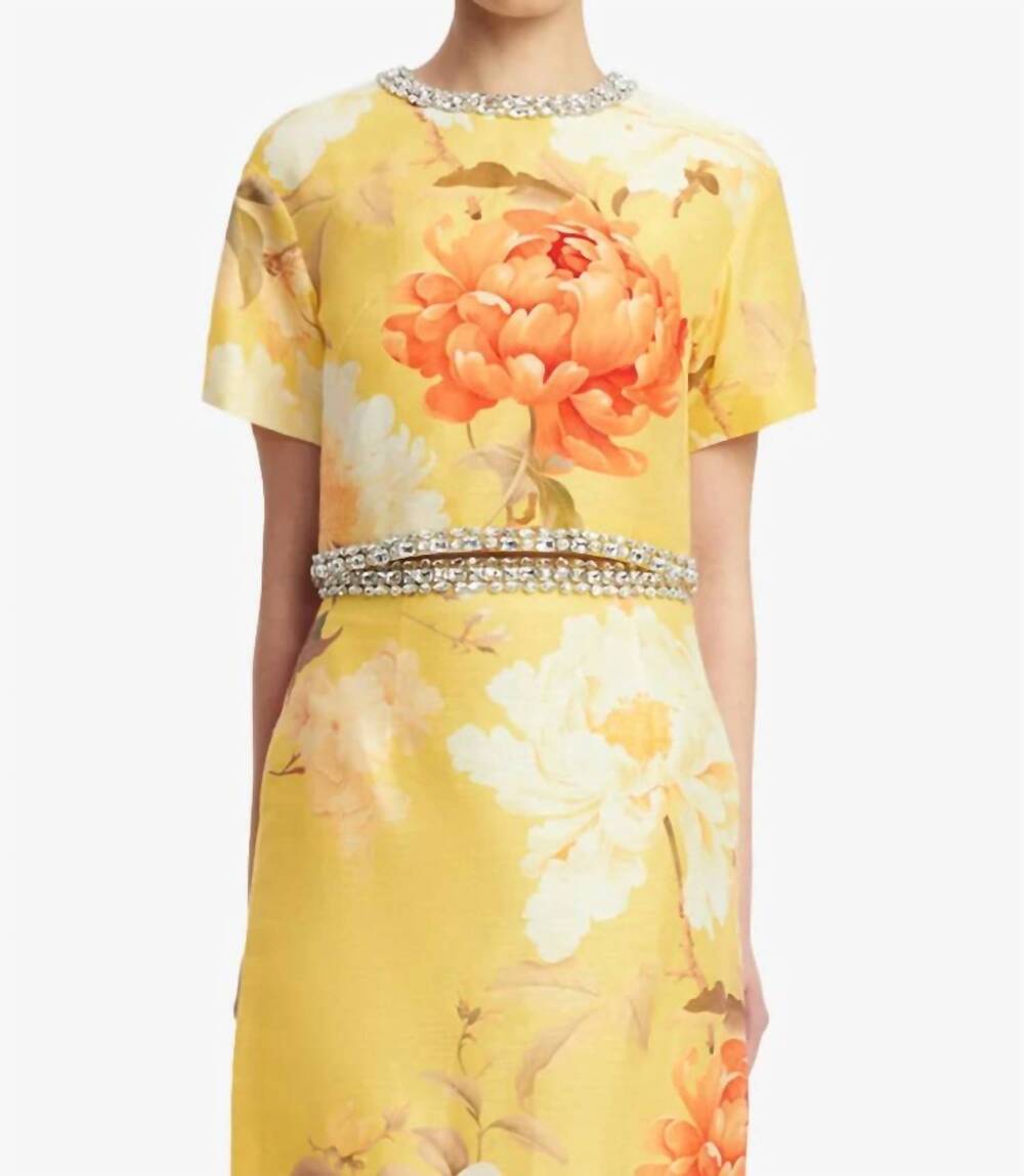 NEW LEO LIN indie embellished sleeve top in peony print in yellow